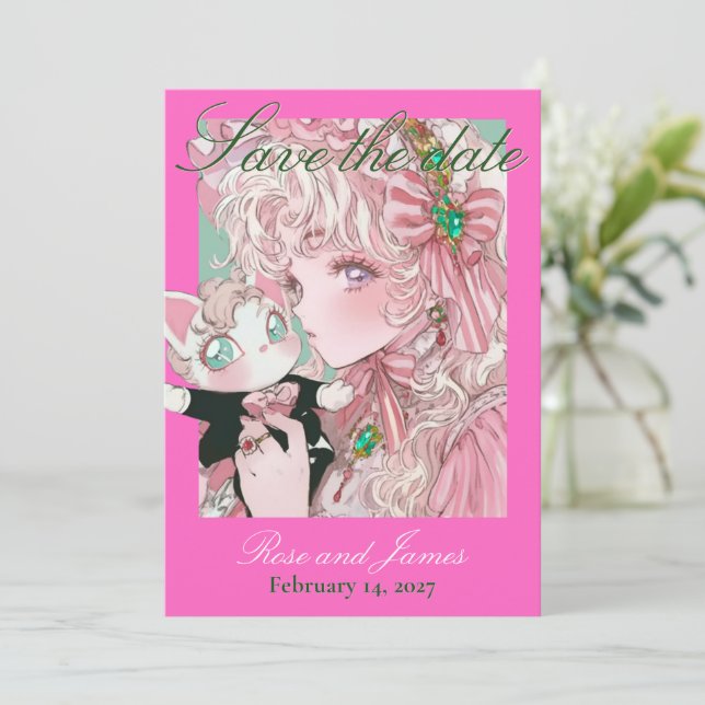 Vivid Pink Y2K Anime Gothic Cat Save the Date (Stående Fram)