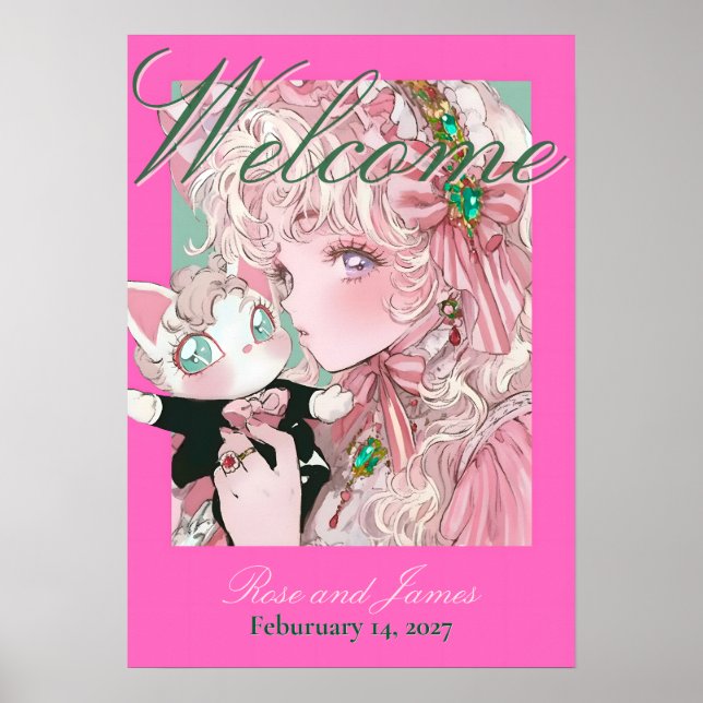 Vivid Pink Y2K Anime Gothic Cat Wedding Poster (Framsidan)