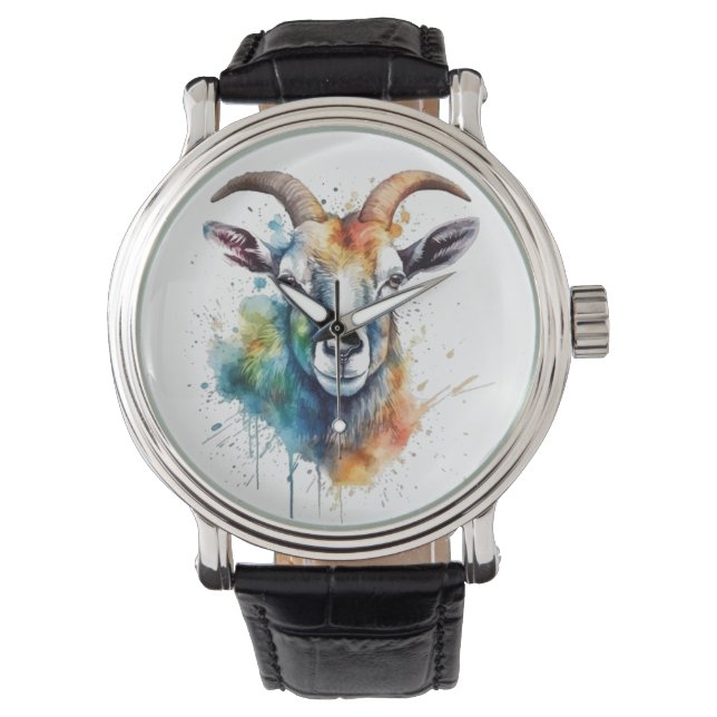 Vivid Rainbow Goat Porträtt Armbandsur (Framsida)