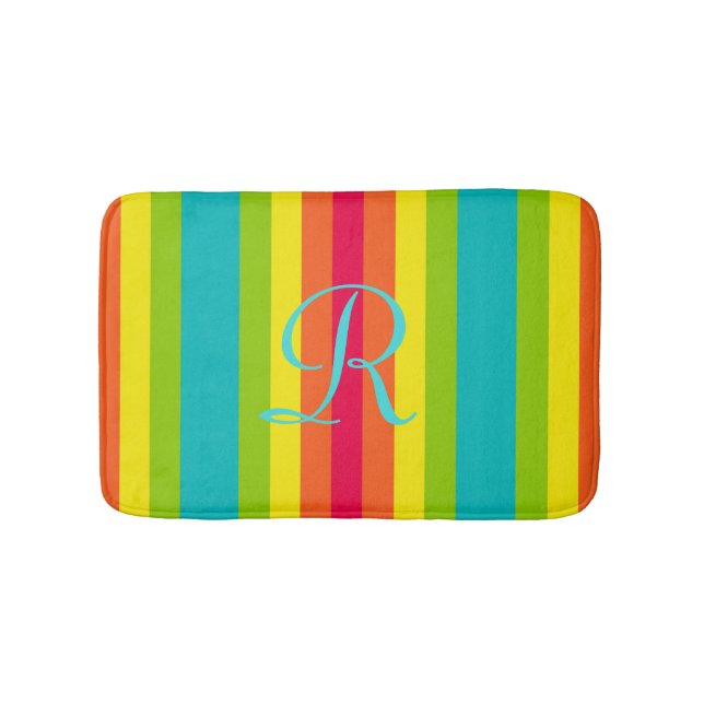 Vivid Rainbow Stripe Aqua Monogram Plush Badrumsmatta (Framsidan)