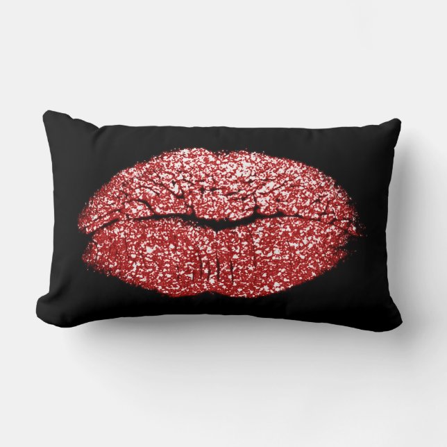 Vivid Red Läppar Glitter Black Makeup Kiss Lumbarkudde (Framsida)