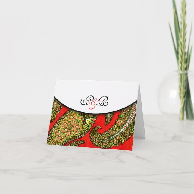 Vivid Red Paisley Monogramme Note Card Anteckningskort (Framsida)