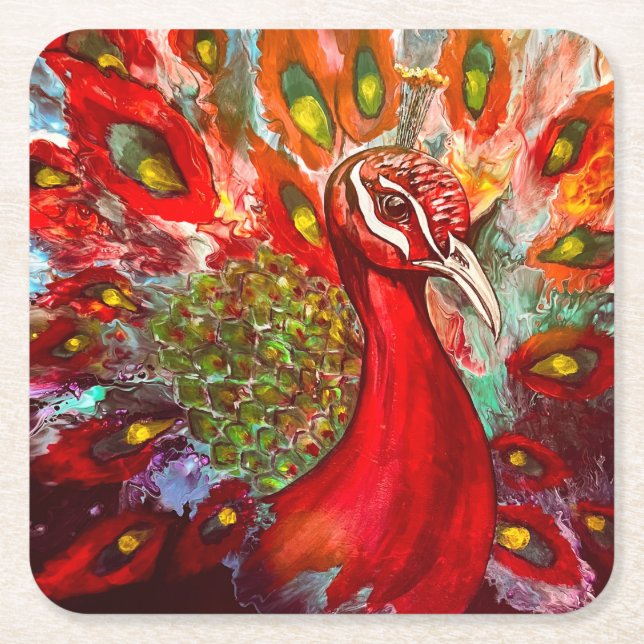 Vivid Red Peacock Underlägg Papper Kvadrat (Framsidan)