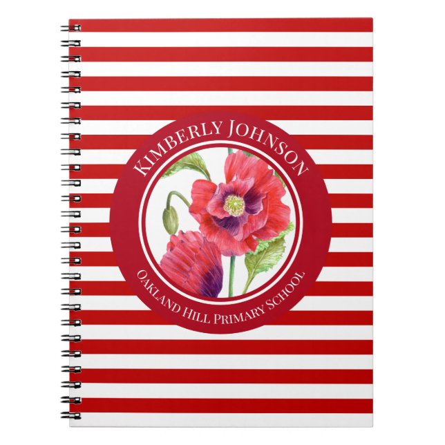 Vivid Red Poppies Blommigt Circle White Rand Anteckningsbok (Framsidan)