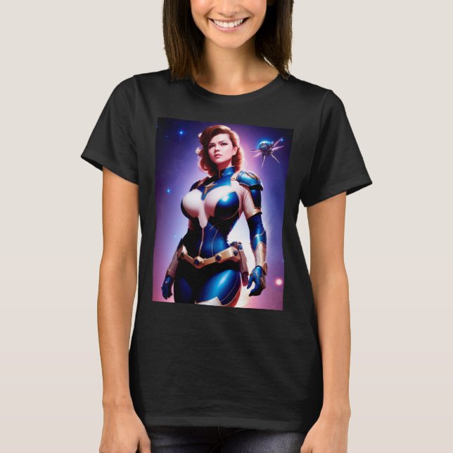 Vivid Retro 50:s Female Sci Fi Space-Skogsvaktare T Shirt (Framsida)