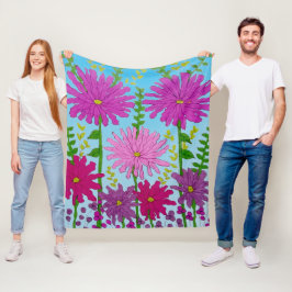 Vivid Rosa Flower Teckning på Blue Fleecefilt