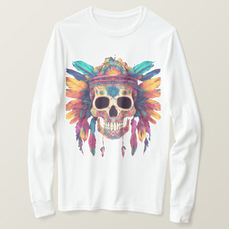 Vivid Skull & Feathers: Psychedelic Digital Art T Shirt