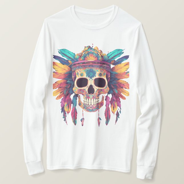 Vivid Skull & Feathers: Psychedelic Digital Art T Shirt (Design framsida)