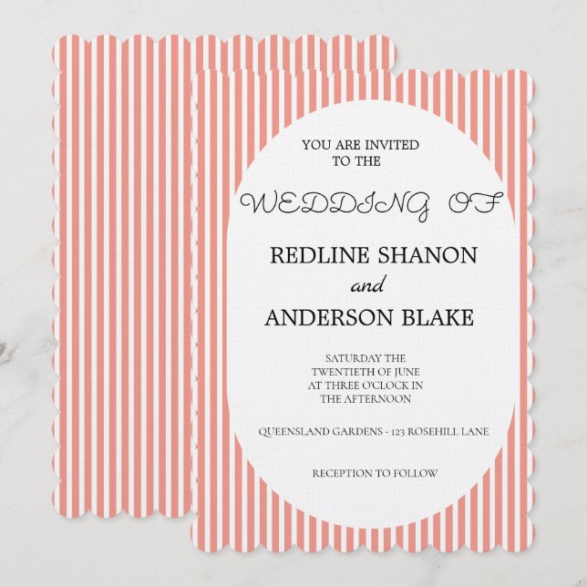 Vivid Tangerine   Blush Striped Elegant Wedding Inbjudningar (Fram/baksida)