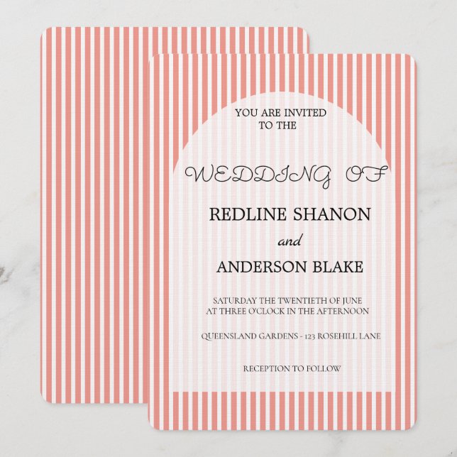 Vivid Tangerine   Blush Striped Elegant Wedding Inbjudningar (Fram/baksida)