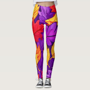 Vivid Tecknad Löv: Lila, Gult, Röd Leggings