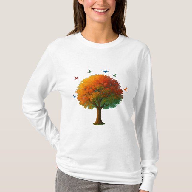 Vivid Tree with Flying Birds Women’s T-Shirt (Framsida)
