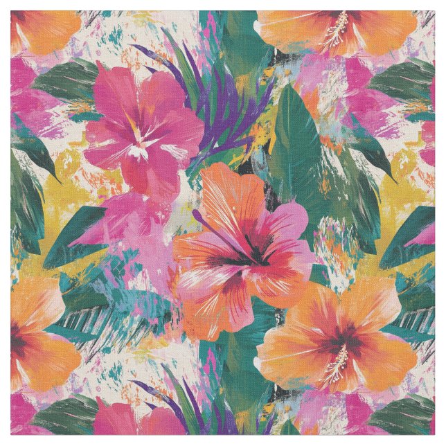 Vivid Tropical Hibiscus Abstrakt Fabric Tyg (Närbild)