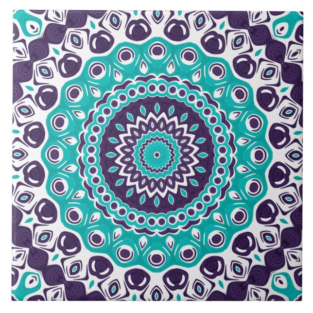 Vivid Turquoise and Plum Mandala Pattern Kakelplatta (Framsidan)