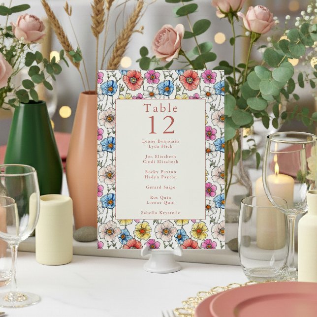 Vivid vild av höstblommor bordsnummer platskort (Bright and colorful wildflowers wedding reception table number name chart card.)