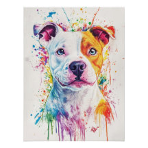 Vivid Watercolor Pitbull Mix Portrait | Colorful