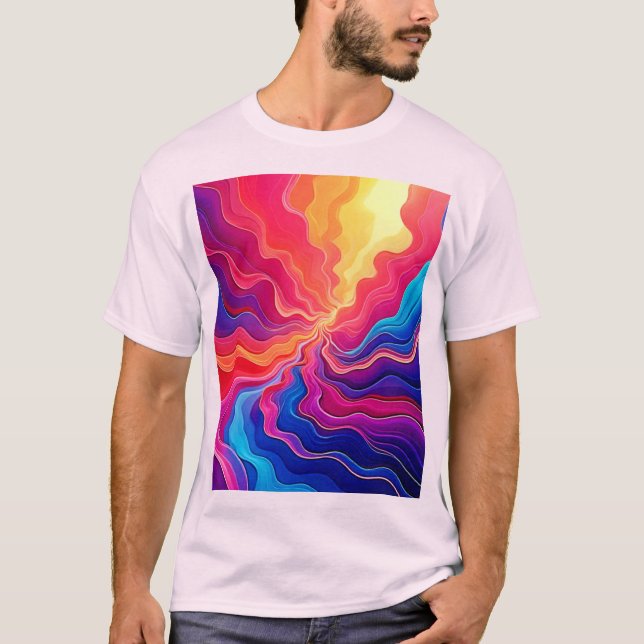 Vivid Waves: Abstract Neon Energy Flow Art T Shirt (Framsida)
