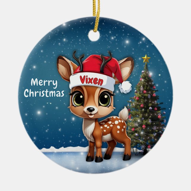 Vixen Baby Deer, Fawn, Doe, Reindeer🦌 🎄 Julgransprydnad Keramik (Framsidan)