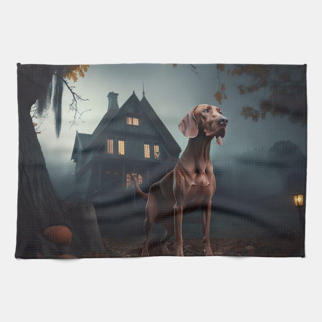 Vizsla Halloween Skräckinjagande Kökshandduk (Horisontell)