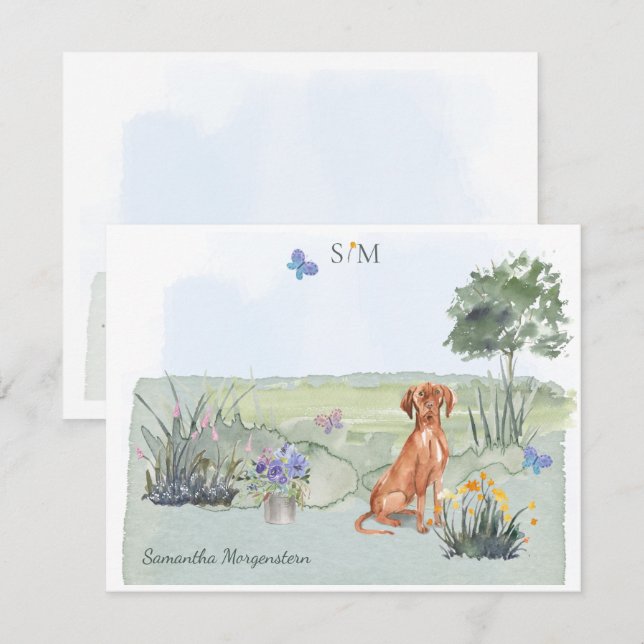 Vizsla Hund Butterfly Meadow Monogram & Namn Anteckningskort (Fram/baksida)