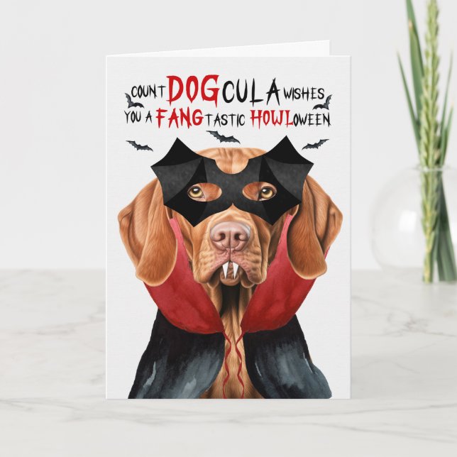 Vizsla Hund Funny Count DOGcula Halloween Helgkort (Framsida)