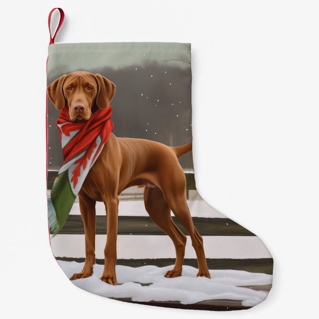 Vizsla Hund i Snö jul Liten Julstrumpa (Framsidan)