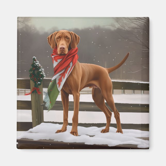 Vizsla Hund i Snö jul Magnet (Framsidan)