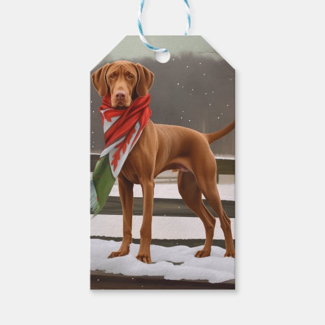 Vizsla Hund i Snö jul Presentetikett (Framsidan)