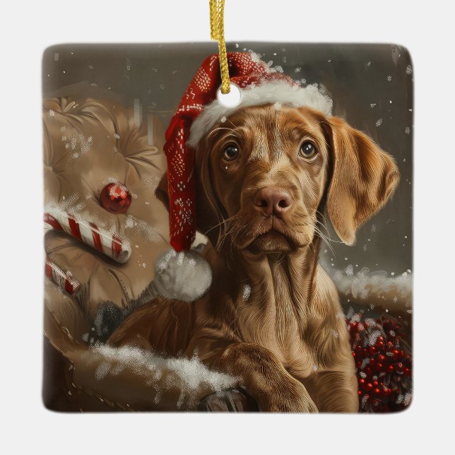 Vizsla Hund jul Festive Julgransprydnad Keramik (Framsida)