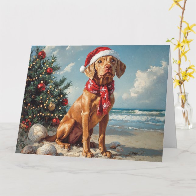 Vizsla Hund jul Vintage Beach Kort (Gul blomma)