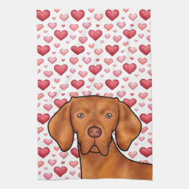 Vizsla Hund Kärlek Med Röda Och Rosa Hjärtan Mönst Kökshandduk