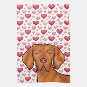 Vizsla Hund Kärlek Med Röda Och Rosa Hjärtan Mönst Kökshandduk