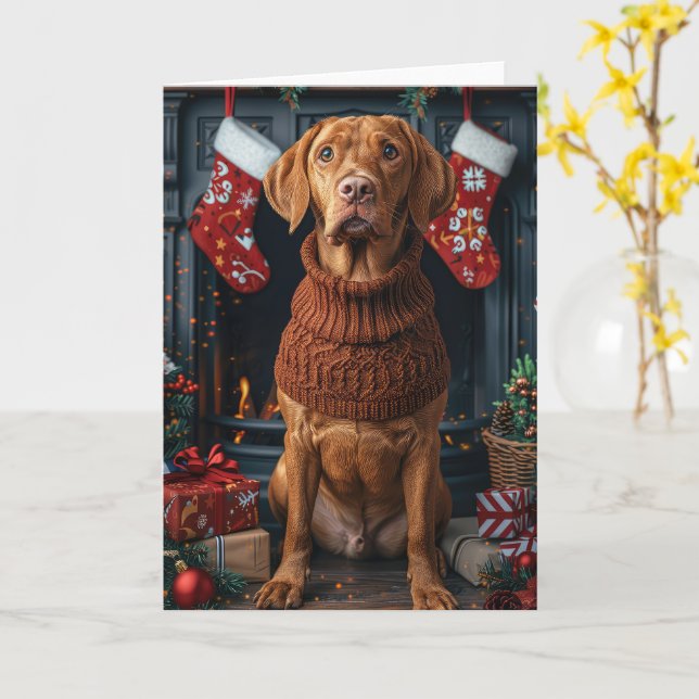 Vizsla Hund Med Julpresenter Öppen Spis Kort (Gul blomma)
