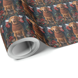 Vizsla Hund Med Julpresenter Öppen Spis Presentpapper