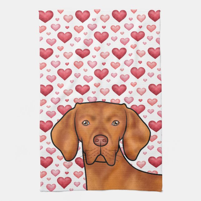 Vizsla Hund med Red and Rosa Hearts Mönster Kökshandduk (Vertikal)