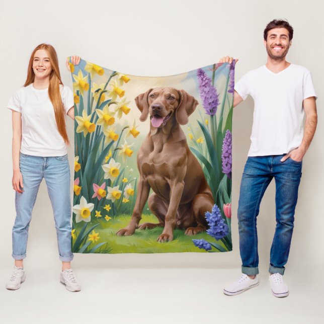 Vizsla Hund Vår blommor Painting Fleecefilt (På plats)