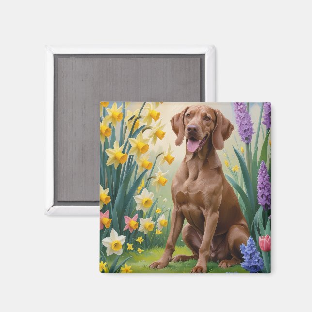 Vizsla Hund Vårblommor Målning Magnet (Front/Back)