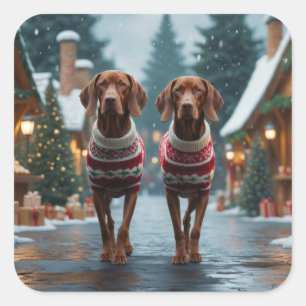 Vizsla Hundar Jul Snö Semester Fyrkantigt Klistermärke