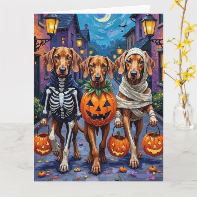 Vizsla Hundar Trick-or-Treating in Halloween Costu Kort (Gul blomma)