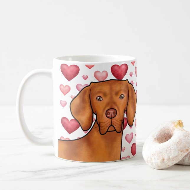 Vizsla hundkärlek med rött och rosa hjärtmönster kaffemugg (Med munk)