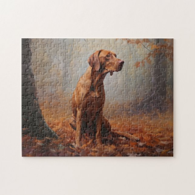 Vizsla i höstlöv Fall Inspirerar Pussel (Horisontell)