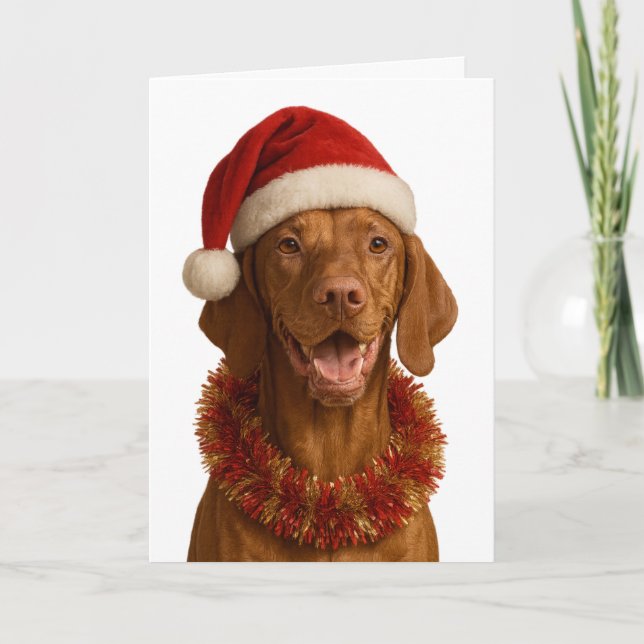 Vizsla in a Santa hat Christmas card Kort (Framsida)