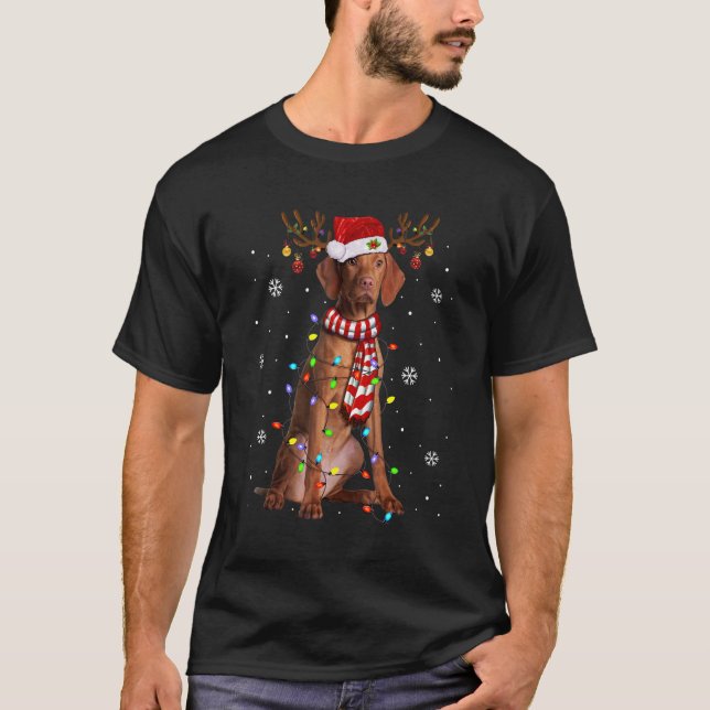 Vizsla jul Ljus Santa Hat Hundägare Julafton T Shirt (Framsida)