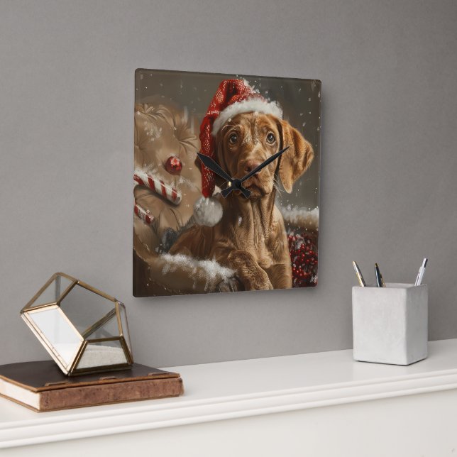 Vizsla Julfirande Hund Fyrkantig Klocka (Kontor)