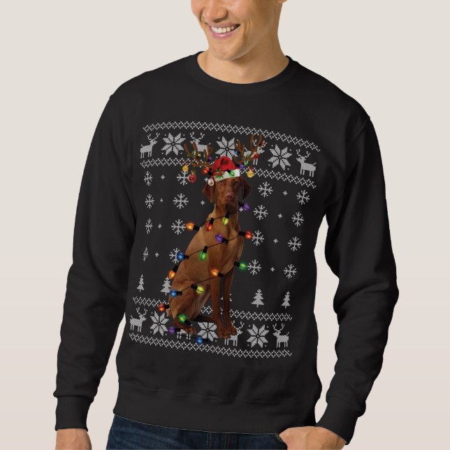 Vizsla Julljus Reindeer Hund Santa Hat Ugly Lång Ärmad Tröja (Framsida)