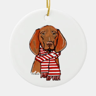 Vizsla med röd och vit halsduk julgransprydnad keramik