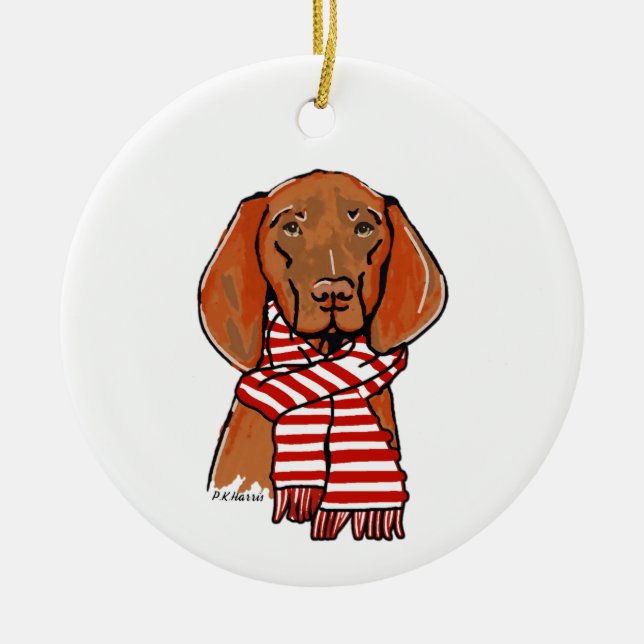 Vizsla med röd och vit halsduk julgransprydnad keramik (Framsidan)