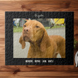 Vizsla Photo Hund aveln Jigszle Puzzle Pussel<br><div class="desc">Ett foto av en söt Vizsla,  med rasen namn överst och några ord som beskriver rastemperaturen,  gör en underbar gåva till alla Vizslas ägare och älskare.</div>