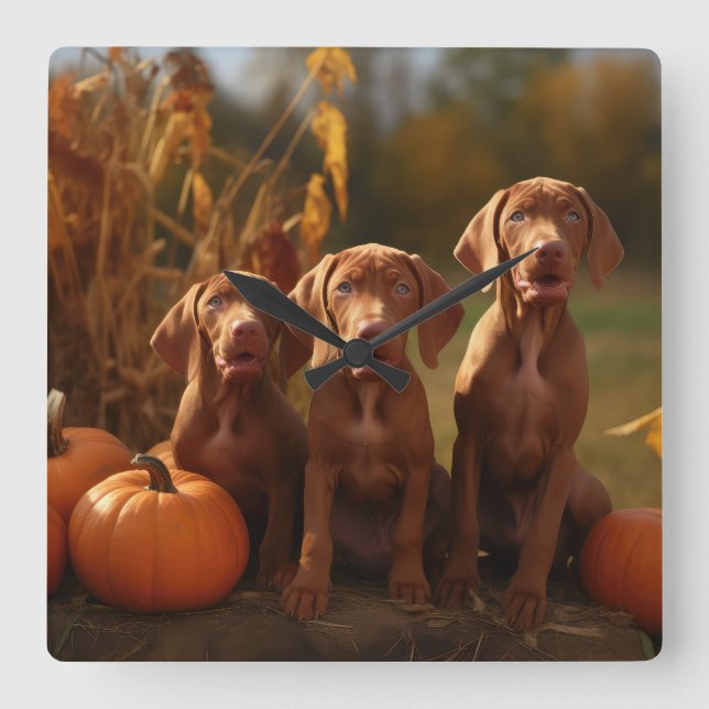 Vizsla Puppy Autumn Delight Pumpkin Fyrkantig Klocka (Framsida)