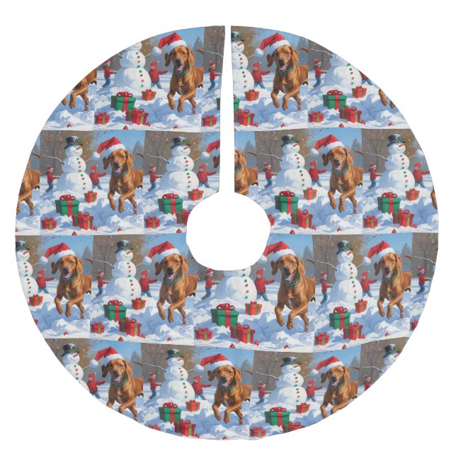 Vizsla springar i snö med julhatt julgransmatta borstad polyester (Framsidan)